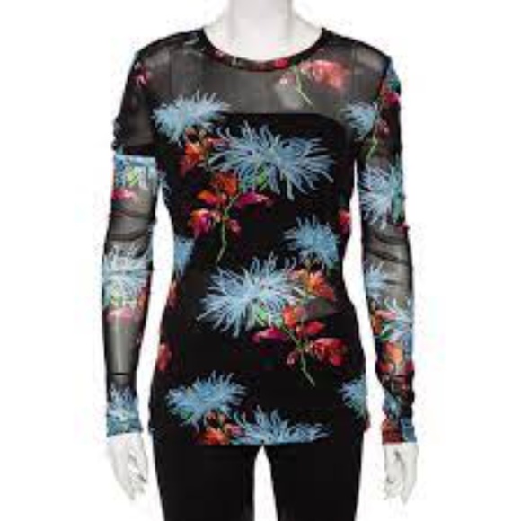 NWT Diane Von Furstenberg Hewes Black Floral Printed Mesh Stretch Mesh Top M - Picture 2 of 4